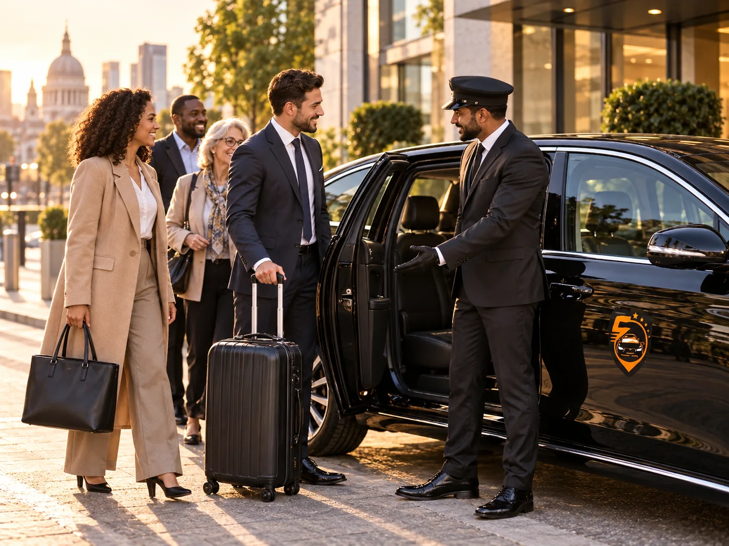 Fivestar Minicab driver welcoming passengers beside a branded car