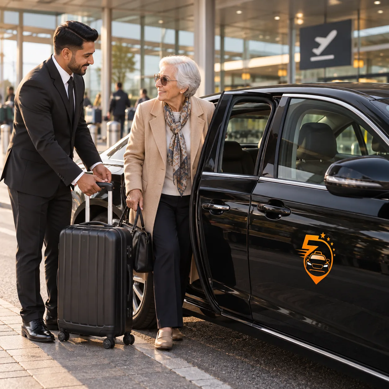 Chauffeur assisting a passenger with check-in and boarding